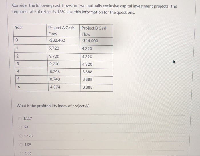  Consider the following cash flows for two mutually exclusive capital investment