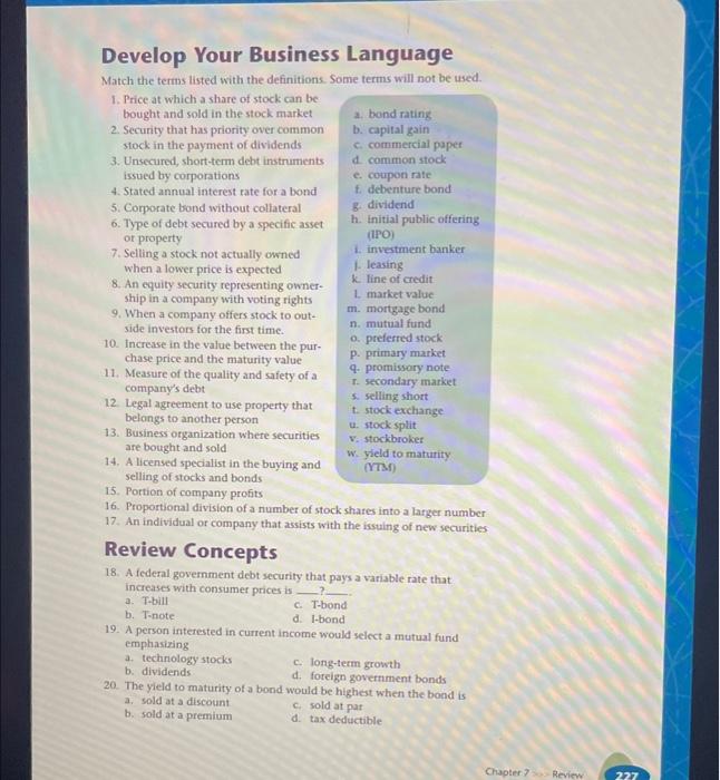 Match the terms listed with the definitions. Some terms will not