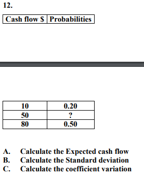  12. Cash flow $ Probabilities 10 50 80 0.20 ? 0.50