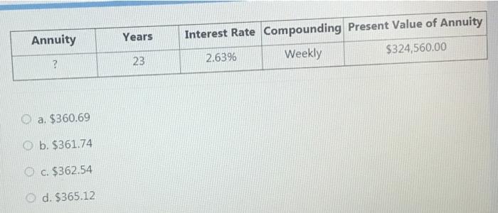  please answer every question Annuity Years Interest Rate Compounding Present Value