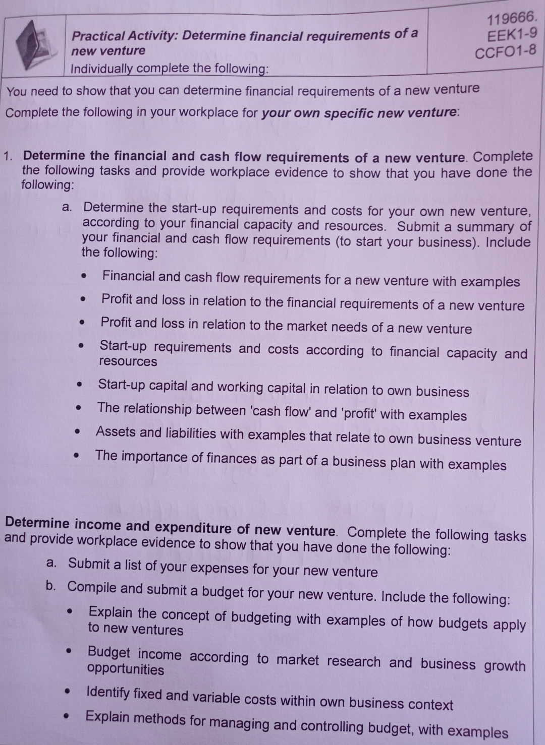  119666.Practical Activity: Determine financial requirements of a EEK1-9 new venture CCFO1-8