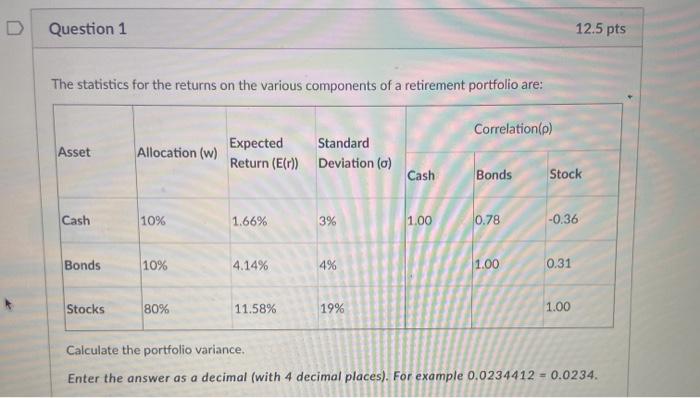  Question 1 12.5 pts The statistics for the returns on the