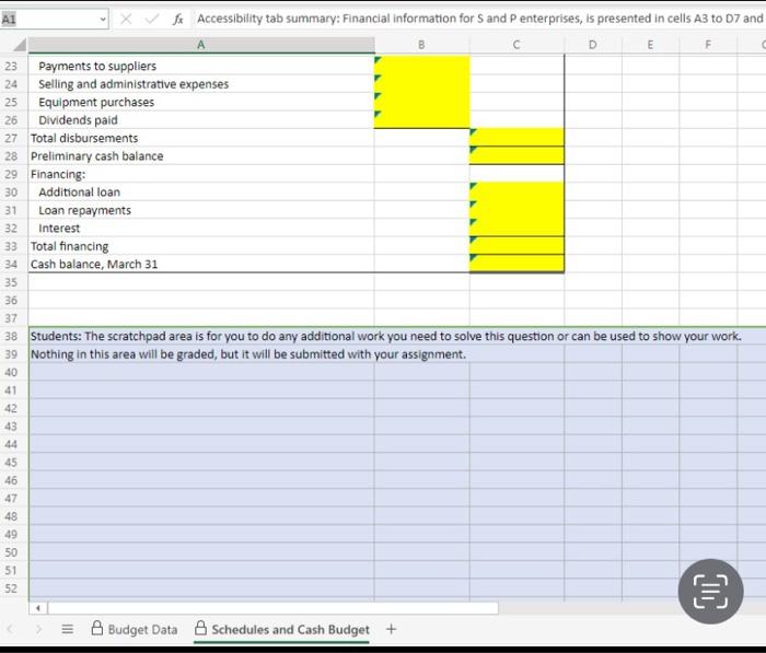 on the mulit page excel(example: budget data!B6*B12) A.1. far s\&p Enterprises needs