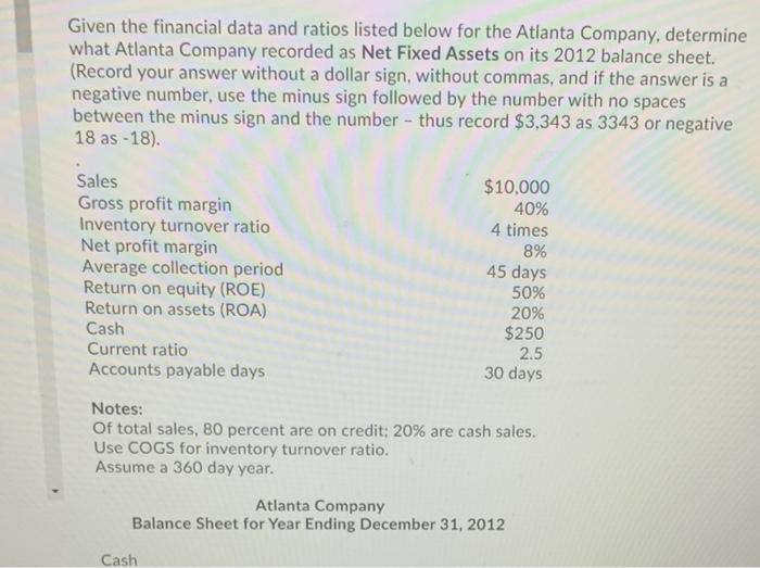  Given the financial data and ratios listed below for the Atlanta