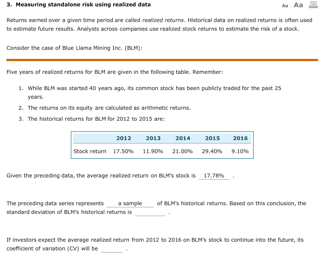  3. Measuring standalone risk using realized data Aa Aa Returns earned