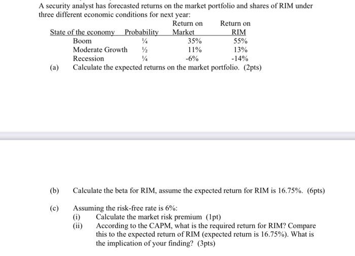 please show the calculations (without excel) A security analyst has forecasted returns