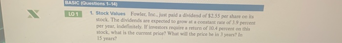  do it on excel please BASIC (Questions 1-14) LO1 1. Stock