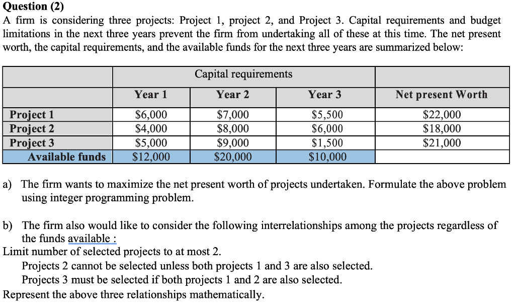 Please show all the steps Question (2) A firm is considering three