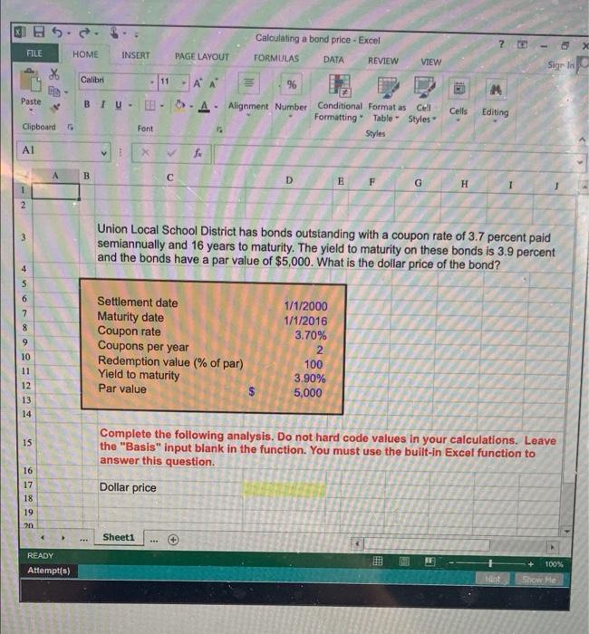 need the excel formula to input the correct answer. 5 Calculating a