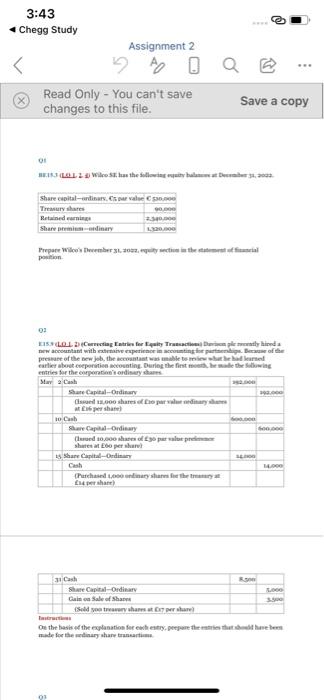  3:43 Chegg Study Assignment 2 Read Only - You can't save