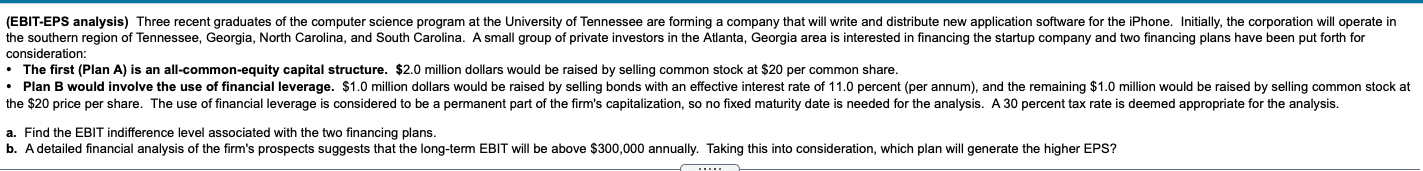 (EBIT-EPS analysis) Three recent graduates of the computer science program at