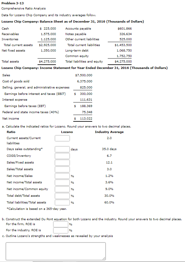 Problem 3-13 Comprehensive Ratio Analysis Data for Lozano Chip Company and