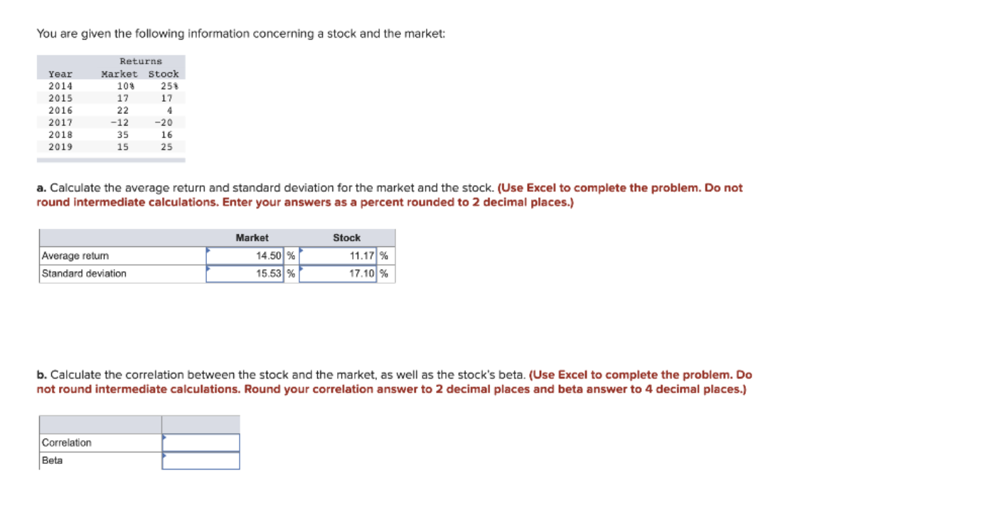 Please round beta to 4 decimal places and the correlation to 2