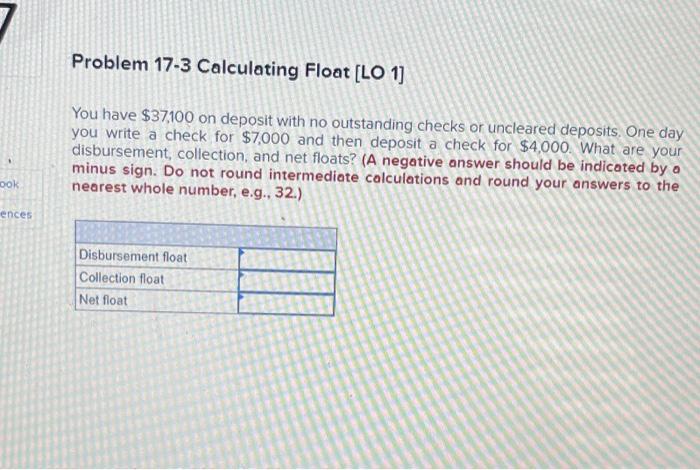  Problem 17-3 Calculating Float [LO 11 You have $37,100 on deposit