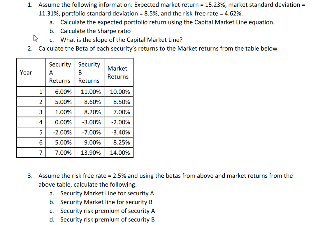 Please Provide Excel Instructions 1. Assume the following information: Expected market return
