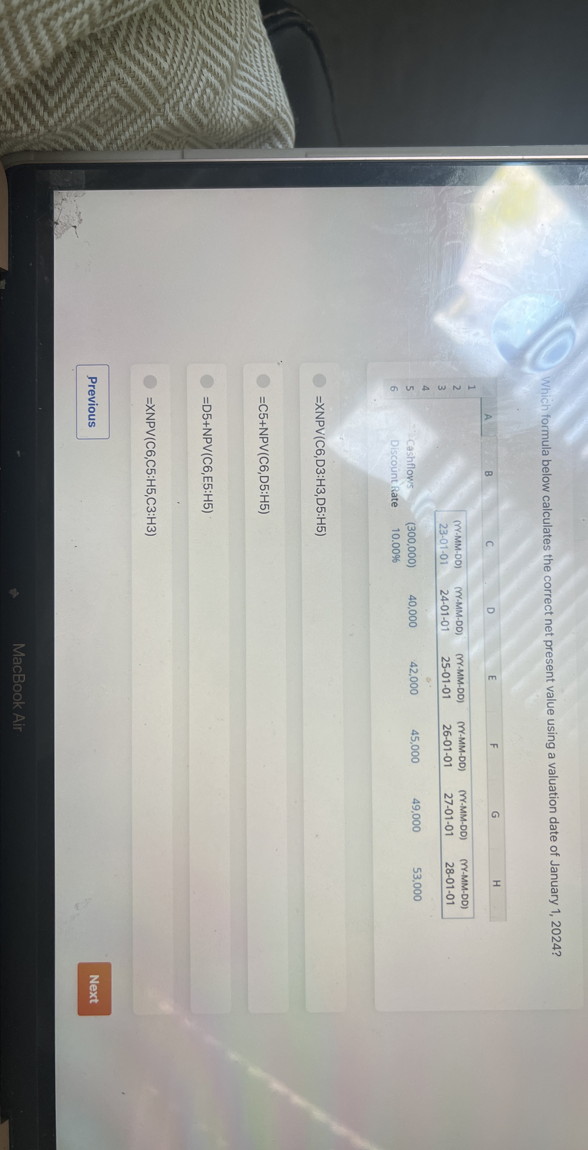  Which formula below calculates the correct net present value using a