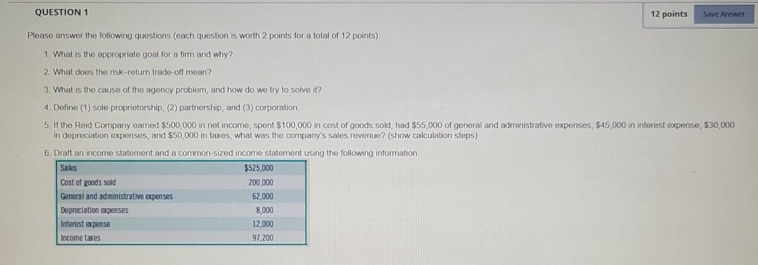  QUESTION 1 12 points Save Answer Please answer the following questions