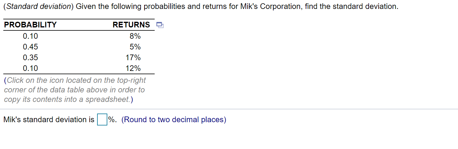 (Standard deviation) Given the following probabilities and returns for Mik's Corporation,
