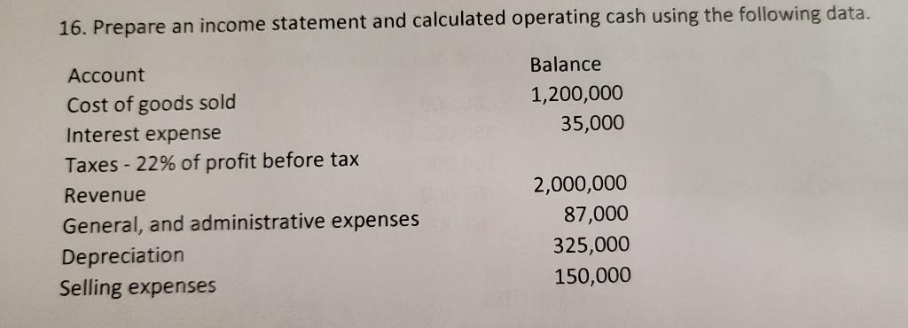 16. Prepare an income statement and calculated operating cash using the