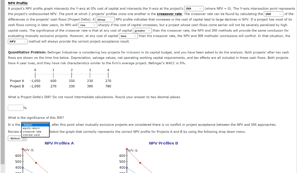 NPV Profile A project's NPV profile graph intersects the Y-axis at