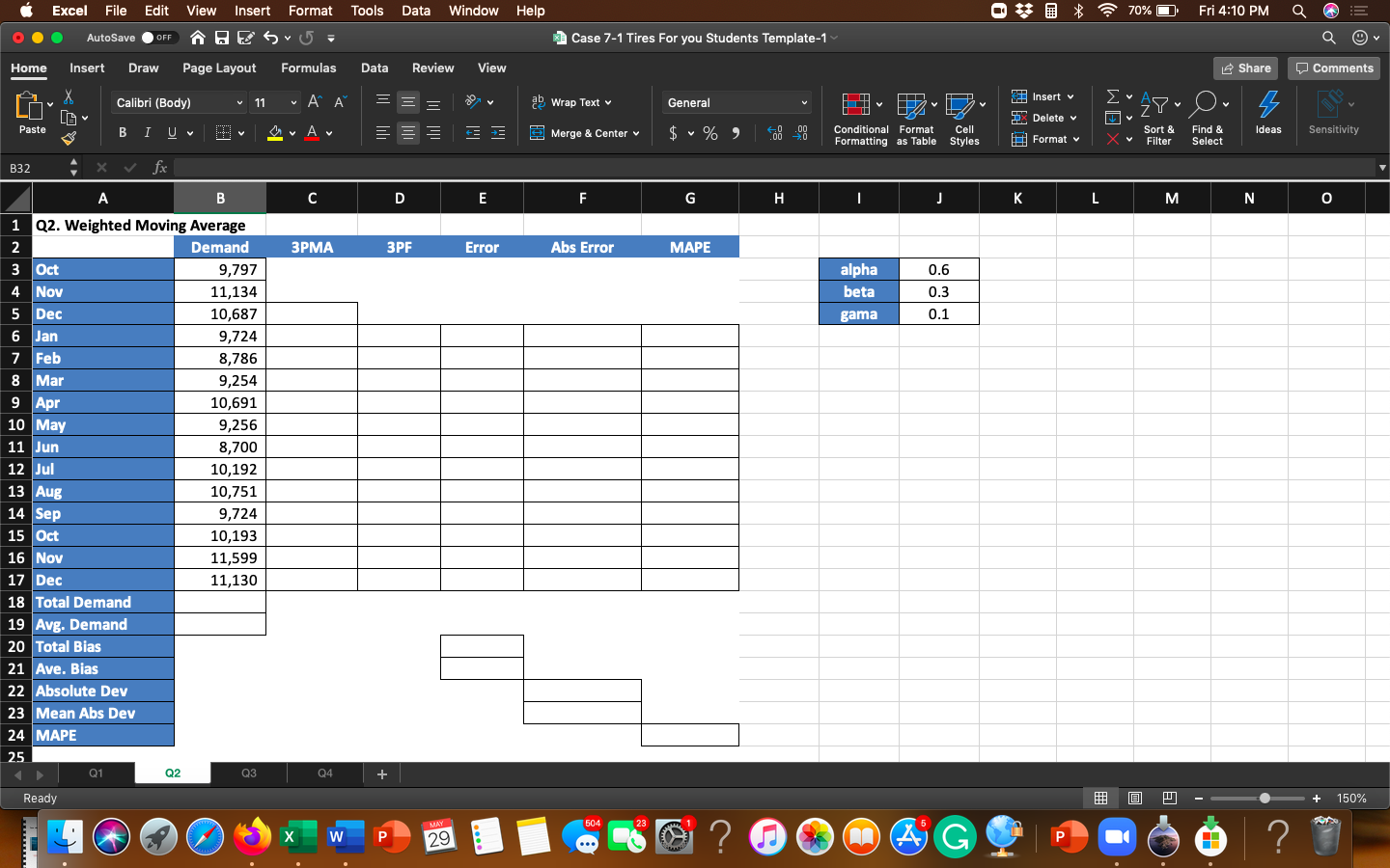 Calculate a forecast using a three-period weighted moving average. Using the following