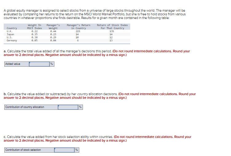 A global equlty manager is assigned to select stocks from a