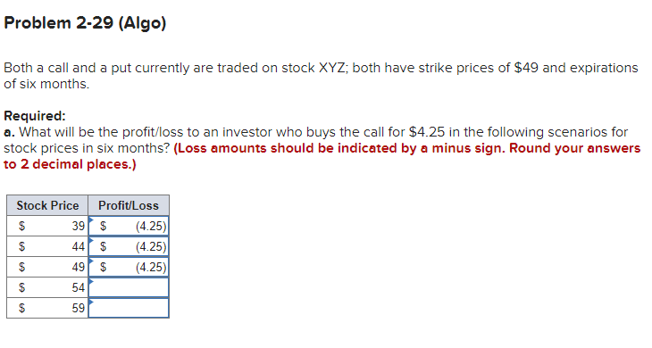  Problem 2-29 (Algo) Both a call and a put currently are