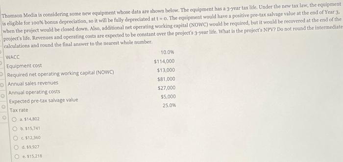  Thomson Media is considering some new equipment whose data are shown