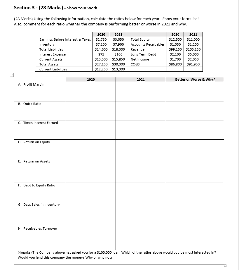 Section 3 - (28 Marks) - Show Your Work (28 Marks)