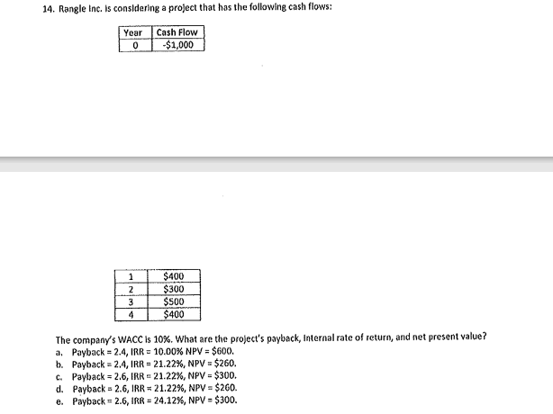  14. Rangle Inc. is considering a project that has the following
