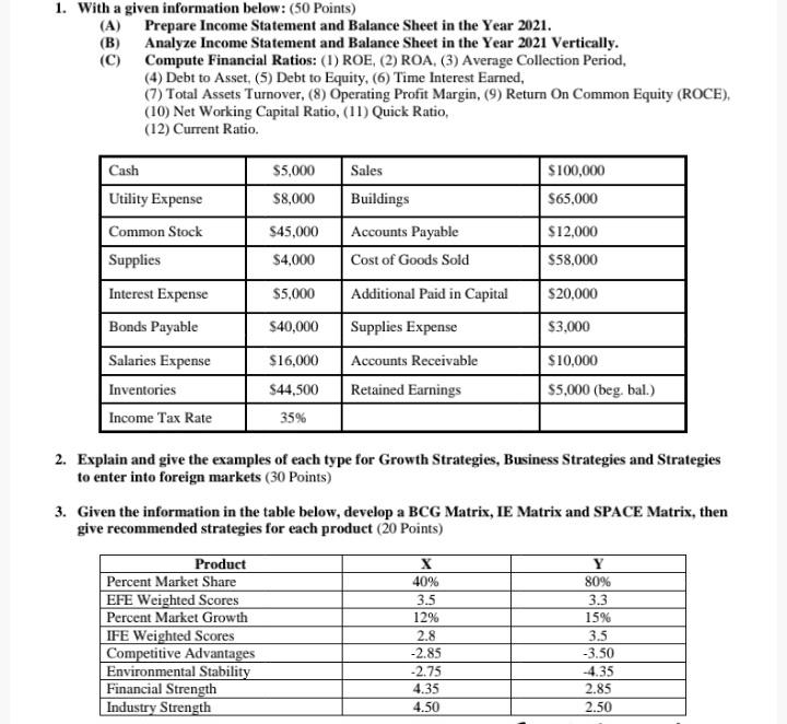  1. With a given information below: (50 Points) (A) Prepare Income