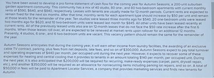  You have been asked to develop a pro forma statement of