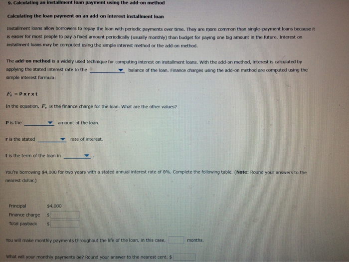 Drop down options:1. decreasing, original 2. payback, principal 3. monthly, annual 4.