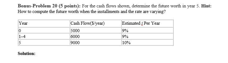 Bonus-Problem 20 (5 points): For the cash flows shown, determine the