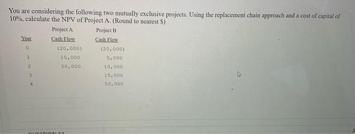  You are considering the following two mutually exclusive projects. Using the