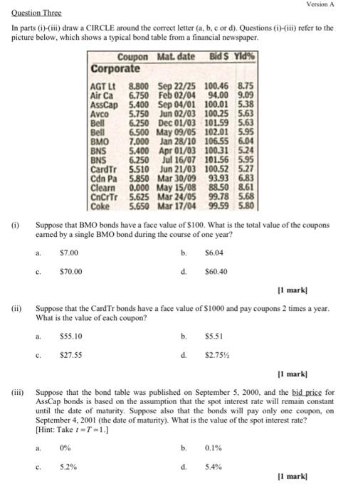 need help with part (iii) Version Question Three In parts -iii) draw