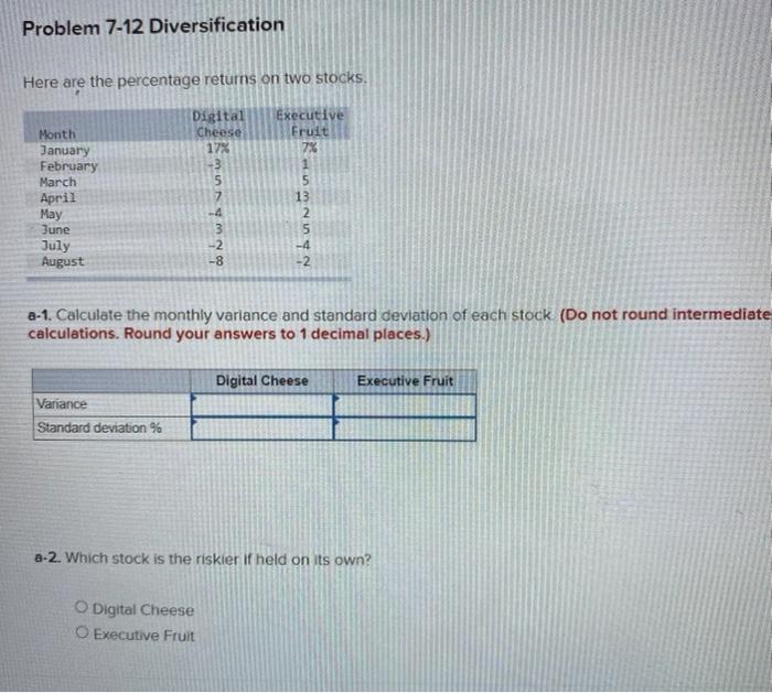  Problem 7-12 Diversification Here are the percentage returns on two stocks.