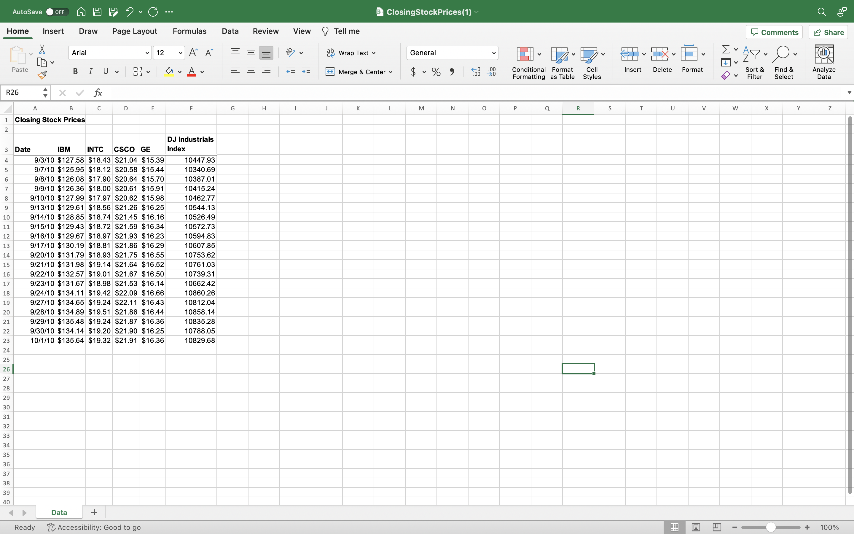 The Excel file Closing Stock Prices provides data for four stocks and