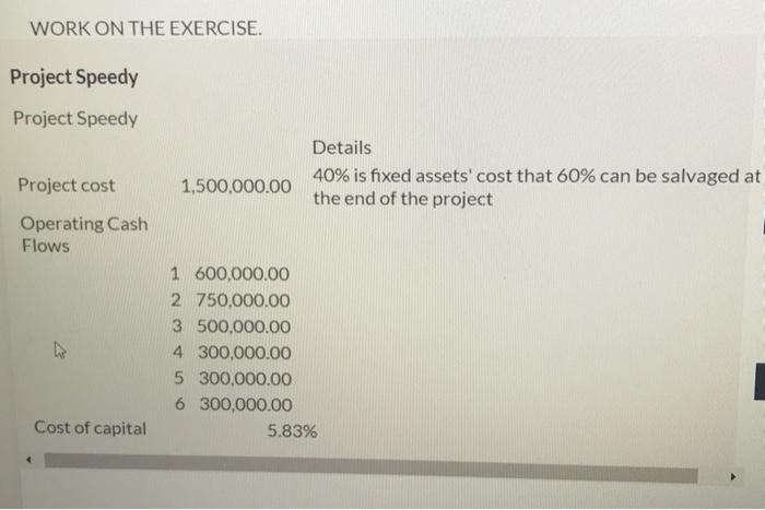  WORK ON THE EXERCISE. Project Speedy Project Speedy Project cost Details