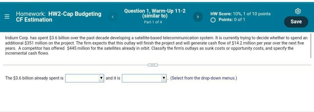 E Homework: HW2-Cap Budgeting CF Estimation Question 1, Warm-Up 11-2 (similar