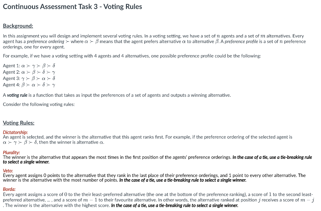  Continuous Assessment Task 3 - Voting Rules Background: In this assignment