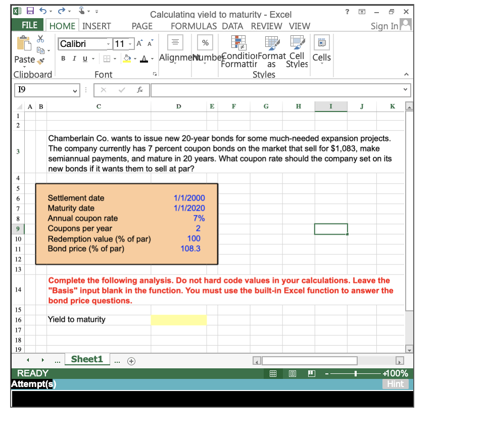 This problem needs to be completed with an excel formula to
