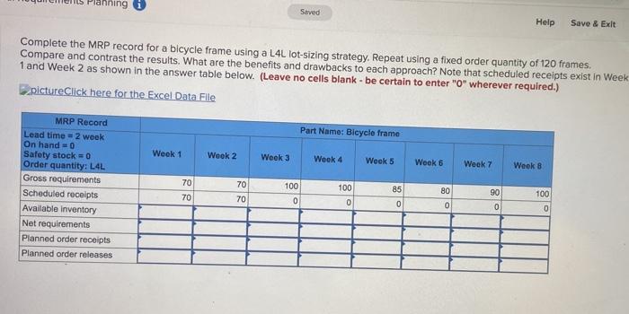  Planning Saved Help Save & Exit Complete the MRP record for