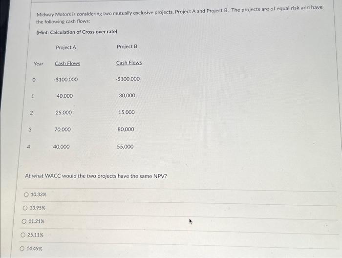  Midway Motors is considering two mutually exclusive projects, Project A and