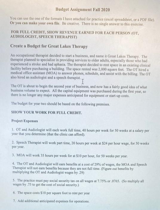  answers to spreadsheet please Budget Assignment Fall 2020 You can use