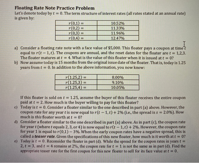 Part E please Floating Rate Note Practice Problem Let's denote today by