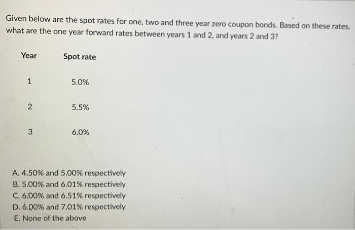 Given below are the spot rates for one, two and three