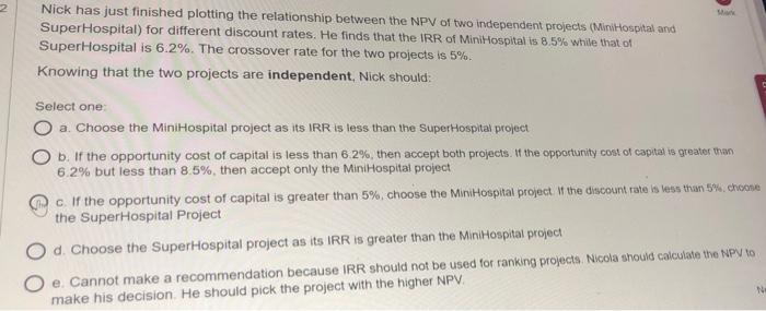  Nick has just finished plotting the relationship between the NPV of
