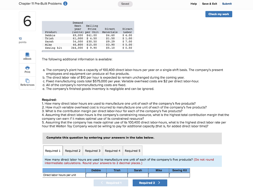  Chapter 11 Pre-Built Problems Saved Help Save & Exit Submit Check