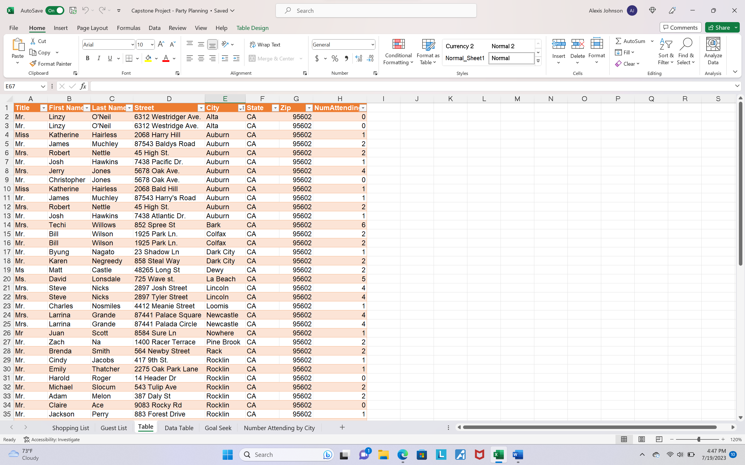 INSTRUCTIONS: Open the start file, Capstone Project - Party Planning, and